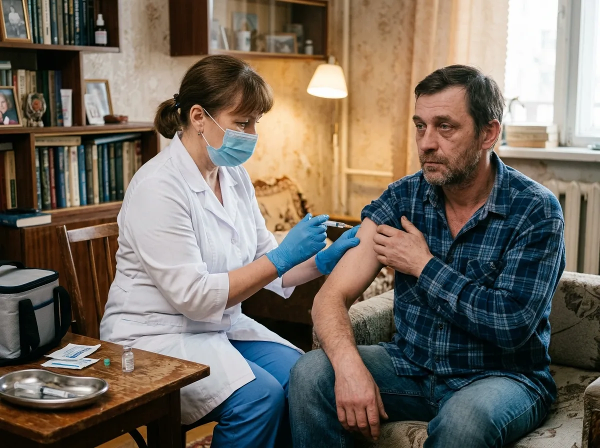Врач в белом халате делает укол пациенту в плечо в домашних условиях, кодирование от алкоголизма